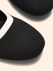 CUCCOO BASICS Women's Square Head Flat Bottom Black And White Building Color Knitted One-Word Belt Mary Jane Flat Bottom Single Shoes Breathable Soft Bottom Versati - Black and White - View 4