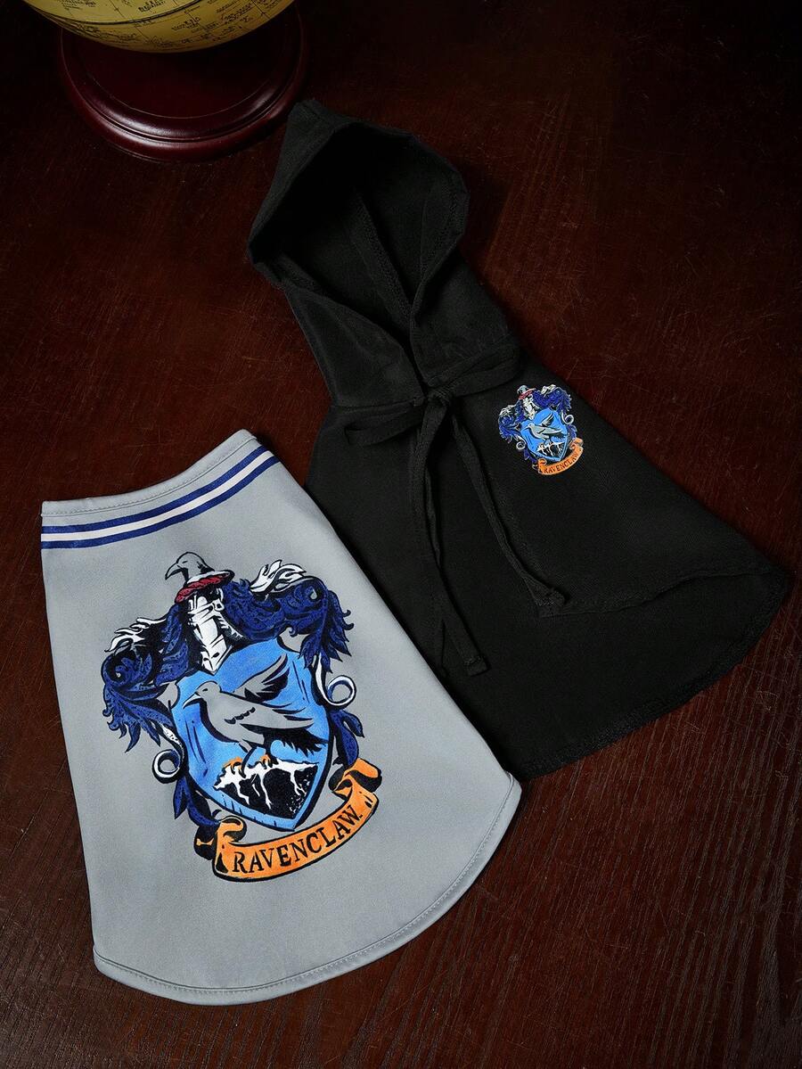 HARRY POTTER X SHEIN 寵物學院風裝扮服飾,連帽披風與背心,貓狗通用四季款,XXS-XXXXXL 多尺寸,徽章印花,透氣親膚,適合節日派對、主題聚會,貓狗趣味玩耍穿著 - 黑灰色 - 查看 1