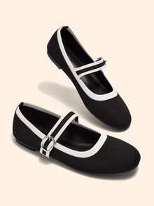 CUCCOO BASICS Women's Square Head Flat Bottom Black And White Building Color Knitted One-Word Belt Mary Jane Flat Bottom Single Shoes Breathable Soft Bottom Versati - Black and White - View 2