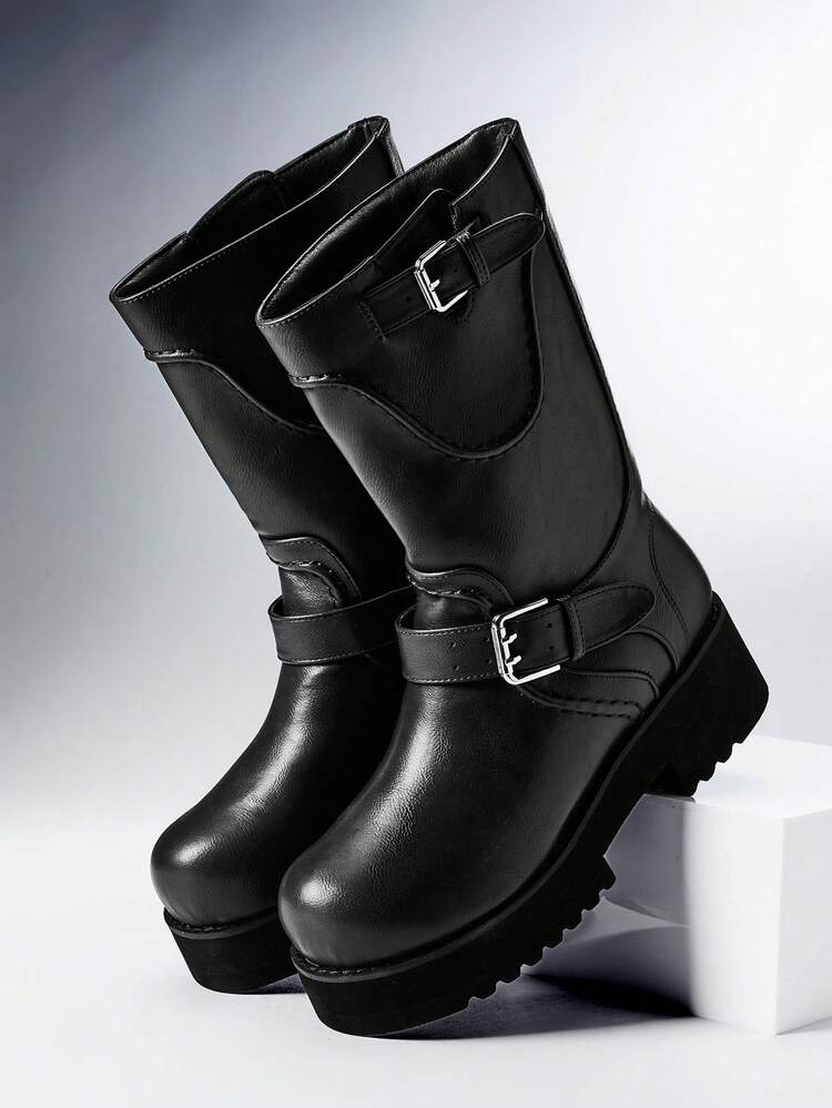 Solezae Women Minimalist Basic Casual Everyday Buckle Strap Combat Black Boots - Black - View 8