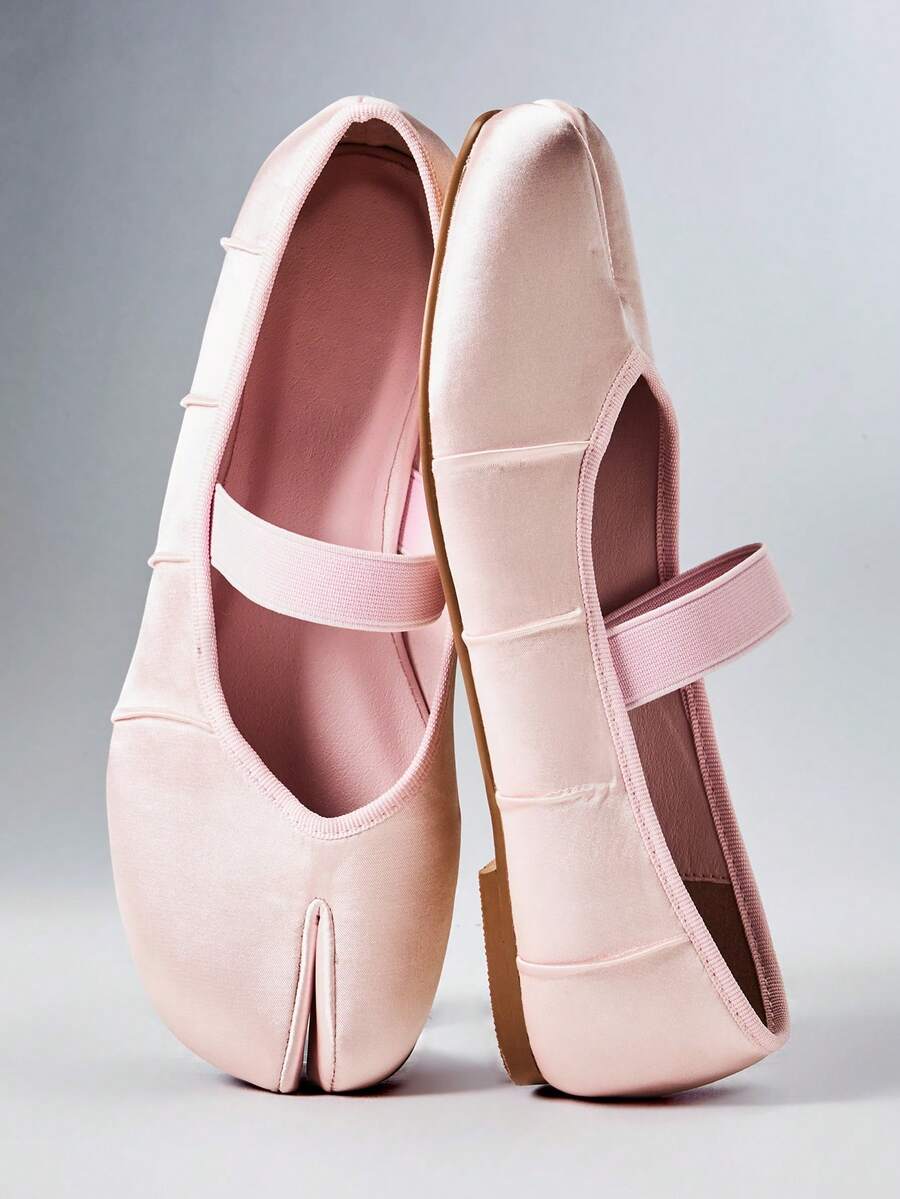 SHEIN Solezae Satin Pointed Mary Jane Women's Shoes With Elastic Laces, Pleated Ballet Flats, Soft Soles - Pink - View 1