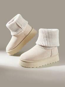 Solecia Women's Knitted Fold-Over Beige Snow Boots, Comfortable Thick Sole Height-Increasing Warm Winter Boots - Beige - View 4