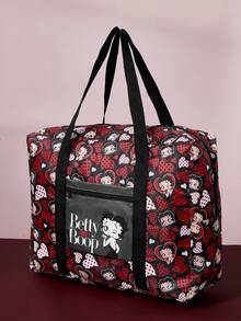 Betty Boop x SHEIN Print Foldable Large Travel Tote Bag, Front Zip Pocket. Foldable Design For Trips, Gym And Daily Luggage Storage - Red + Black - View 4