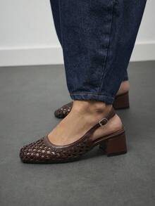 Nöista Women's Fashion High-Heeled Shoes, Brown Woven Cross-Strap Sandals, Exquisite Mesh Upper, Breathable And Comfortable, Retro Style, Suitable For Spring - Coffee Brown - View 3