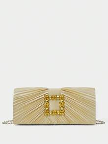SHECARRY Ladies' Fashion Gold Satin Pleated Clutch Bag, Exquisite Rhinestone Square Buckle, For Parties, Dinners, Festivals, Weddings, Dress Matching - Gold - View 3