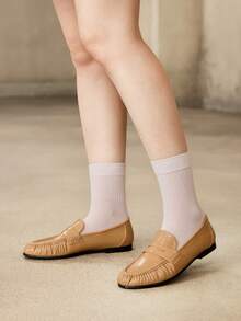 MOTF PREMIUM WOMEN'S SMALL LEATHER SHOES, LOAFERS, BUSINESS CASUAL FLAT-BOTTOMED OVERSHOES, CLASSIC HORIZONTAL PLEATED DECORATIVE COMMUTER SHOES - Apricot - View 8