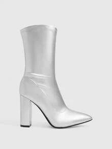 Daringsoles 女款尖頭粗高跟側拉鍊銀色亮面彈性短靴 時尚性感 適合派對、日常與旅行 百搭舒適短靴 - 銀色 - 查看 4