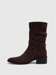 Daringsoles Bốt ngắn nữ phong cách retro gót vuông khóa kép, bốt gập phối khóa vuông kim loại chi tiết đường viền, da lộn lì phong cách Western, mùa thu - Cà phê - Xem 4