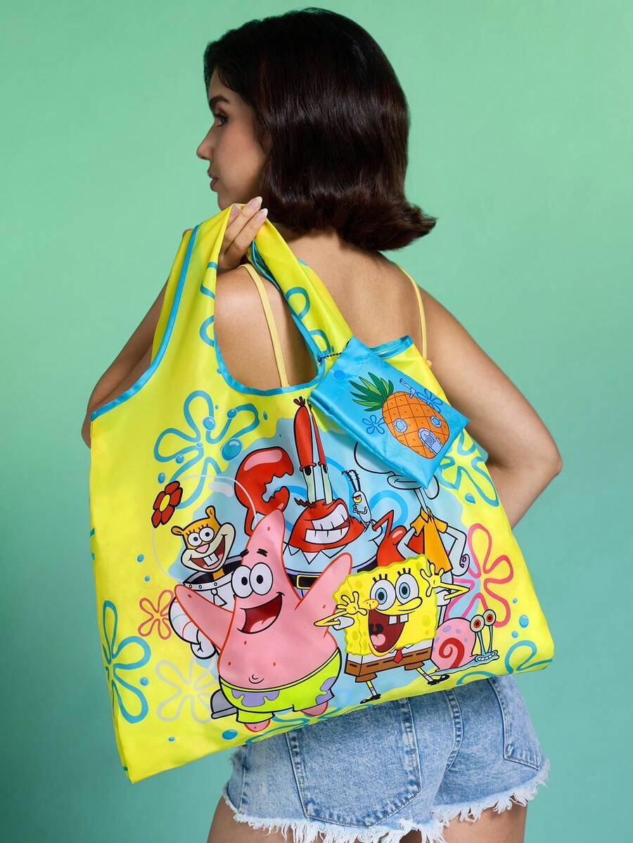 SpongeBob SquarePants | SHEIN 卡通印花聚酯纖維可折疊托特包,緊湊折疊設計,適用於超市購物、日常雜務與旅行使用,大容量且耐用 - 黃色 - 查看 1