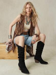 Styleloop Women's Vintage Distressed Black Pointed Toe Western Boots, Loose Shaft Stacked Ruched High Top Cowboy Boots, Maillard Long Boots - Black - View 2