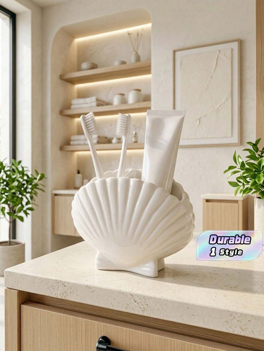 1pc Seashell Shape Toothbrush Holder, Creative Countertop Bathroom Storage Organizer, Toothpaste & Toothbrush Desktop Rack, Home Bathroom Accessory - White - View 1