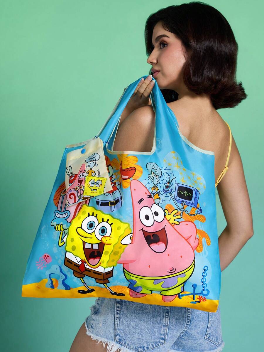 SpongeBob SquarePants | SHEIN 卡通印花聚酯纖維可折疊托特包,緊湊折疊設計,適用於超市購物、日常雜事與旅行使用,大容量且耐用 - 藍色 - 查看 1