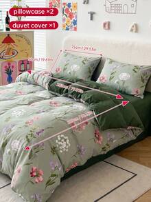2/3 PCS Printed Duvet Cover Set, 1 Duvet Cover + 1/2 Pillowcases, Soft Breathable Bedding Set, Boho Floral & Cute Bow Stripe & Plaid Pattern Bedding, All Season Duvet Cover, Machine Washable - Green field flower cluster + olive green - View 30
