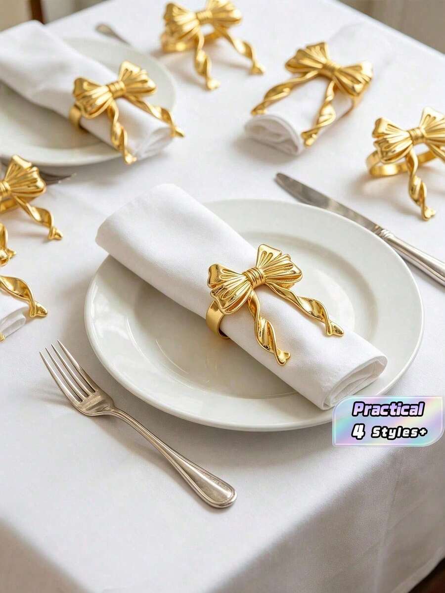 12/6/2/1pc Gold Bow Tassel Napkin Rings, Exquisite Metal Napkin Holders, Elegant Dining Supplies, Suitable For Weddings, Restaurant Decor, Home Gatherings, Banquets, Holiday Parties, Fit For All Dining Occasions Table Setting - Multicolor - View 1