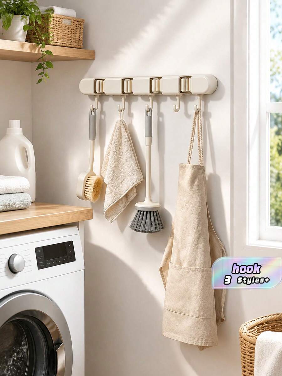 Wall-Mounted Broom & Mop Holder With Hooks, Strong Self-Adhesive Broom Mop Storage Rack, Suitable For Garden And Garage, No Drilling Required, Easy Installation, Convenient Storage - 1pc - View 1