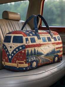 1pc Large Capacity Soft Quilted Fabric Durable Lightweight Retro Bus Pattern Print Duffle Bag Portable Handheld Travel Overnight Weekender Bag For Outdoor Camping Road Trip Vacation Daily Travel Accessories. - Multicolor - View 8