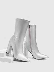 Daringsoles 女款尖頭粗高跟側拉鍊銀色亮面彈性短靴 時尚性感 適合派對、日常與旅行 百搭舒適短靴 - 銀色 - 查看 5