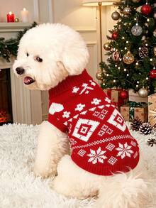 PETSIN 1pc White Snowflake White Love Pattern Pet Sweater Red Comfortable, Gentle, Thickened, Warm Pet Clothing - Multicolor - View 1