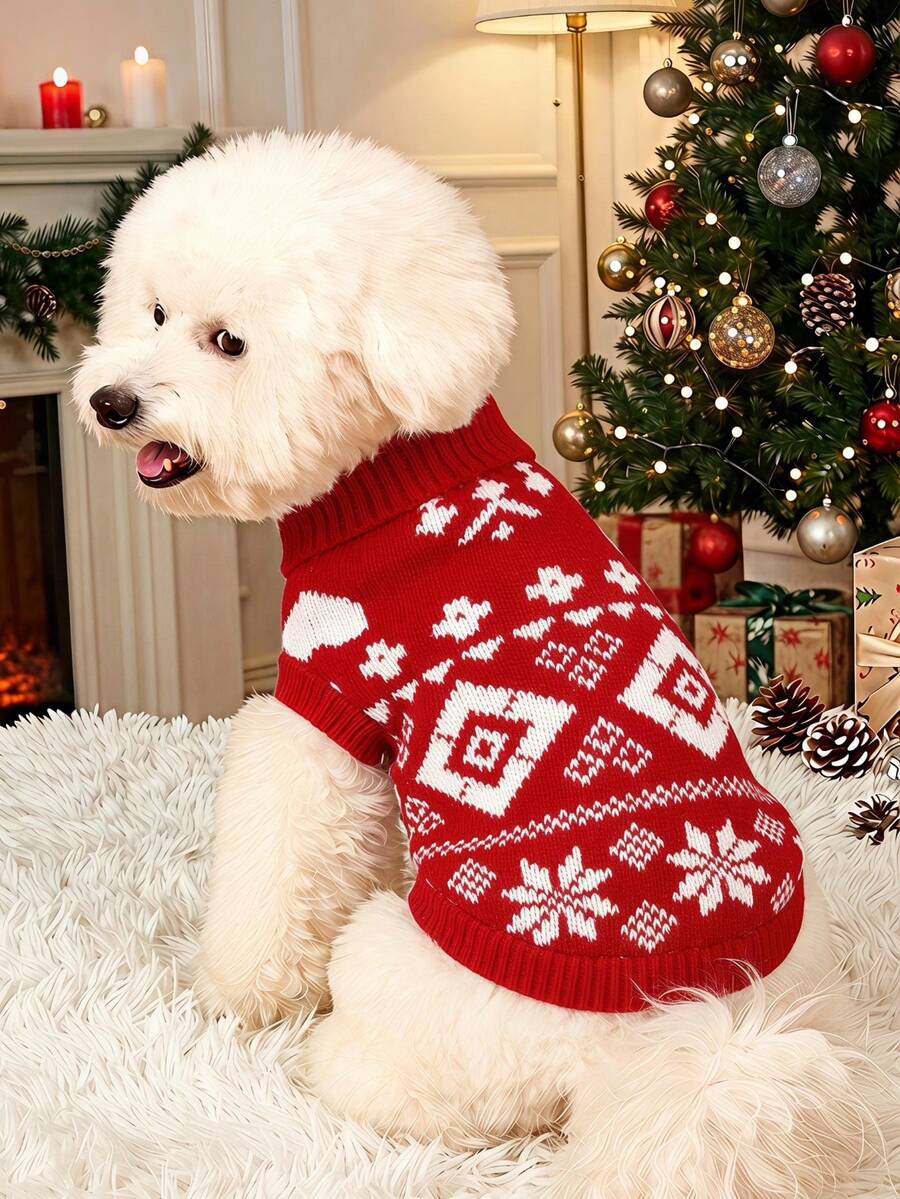 PETSIN 1pc White Snowflake White Love Pattern Pet Sweater Red Comfortable, Gentle, Thickened, Warm Pet Clothing - Multicolor - View 1