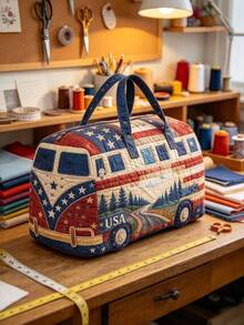 1pc Large Capacity Soft Quilted Fabric Durable Lightweight Retro Bus Pattern Print Duffle Bag Portable Handheld Travel Overnight Weekender Bag For Outdoor Camping Road Trip Vacation Daily Travel Accessories. - Multicolor - View 7