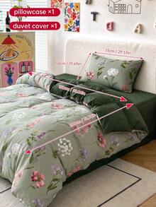 2/3 PCS Printed Duvet Cover Set, 1 Duvet Cover + 1/2 Pillowcases, Soft Breathable Bedding Set, Boho Floral & Cute Bow Stripe & Plaid Pattern Bedding, All Season Duvet Cover, Machine Washable - Green field flower cluster + olive green - View 31