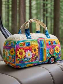 1pc Large Capacity Soft Quilted Fabric Durable Lightweight Retro Bus Pattern Print Duffle Bag Portable Handheld Travel Overnight Weekender Bag For Outdoor Camping Road Trip Vacation Daily Travel Accessories. - Multicolor - View 3