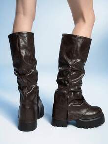 Sugerpunk Women's Thick Sole Pleated Tall Boots, Fashionable And Versatile For Daily Wear Valentine's Day 2000s Style - dark brown - View 4