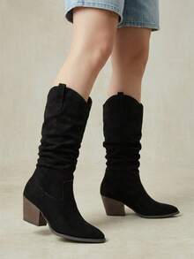 Styleloop Women's Vintage Distressed Black Pointed Toe Western Boots, Loose Shaft Stacked Ruched High Top Cowboy Boots, Maillard Long Boots - Black - View 9