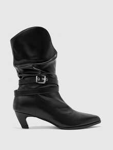 CUCCOO BIZCHIC Women's Pointed Lazy Mid-Heeled Boots, Double-Buckle High-Heeled Western Cowboy Boots, Retro Lace-Up Dress Boots Winter Boots - Black - View 2