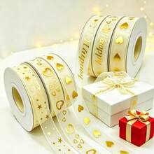 1 Roll Of Polyester 2.5cm Chiffon Ribbon Gold Foil Holiday Wedding Decoration Ribbon Valentine's Day Gift Flower Packaging Tulle RibbonGift Box, Candy Box, Cake Box, Flower Decoration Ribbon - Chiffon ribbon bronzing - View 1