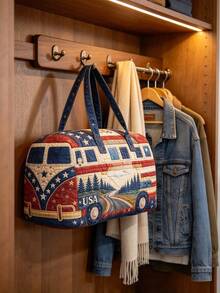 1pc Large Capacity Soft Quilted Fabric Durable Lightweight Retro Bus Pattern Print Duffle Bag Portable Handheld Travel Overnight Weekender Bag For Outdoor Camping Road Trip Vacation Daily Travel Accessories. - Multicolor - View 10