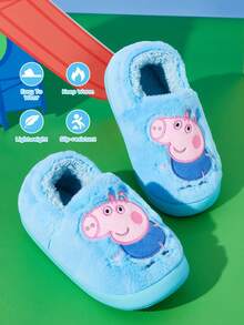 Peppa Pig X SHEIN Cute Embroidered Cartoon Piggy Children's Non-Slip Indoor Elastic Belt Slippers, Suitable For Young Children And Children To Wear, Soft And Warm, Ligh - Baby Blue - View 1