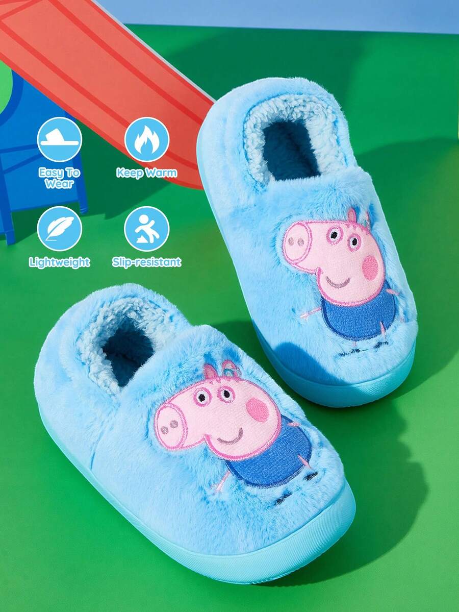 Peppa Pig X SHEIN Cute Embroidered Cartoon Piggy Children's Non-Slip Indoor Elastic Belt Slippers, Suitable For Young Children And Children To Wear, Soft And Warm, Ligh - Baby Blue - View 1