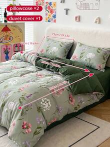 2/3 PCS Printed Duvet Cover Set, 1 Duvet Cover + 1/2 Pillowcases, Soft Breathable Bedding Set, Boho Floral & Cute Bow Stripe & Plaid Pattern Bedding, All Season Duvet Cover, Machine Washable - Green field flower cluster + olive green - View 17