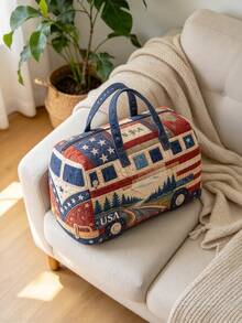 1pc Large Capacity Soft Quilted Fabric Durable Lightweight Retro Bus Pattern Print Duffle Bag Portable Handheld Travel Overnight Weekender Bag For Outdoor Camping Road Trip Vacation Daily Travel Accessories. - Multicolor - View 12