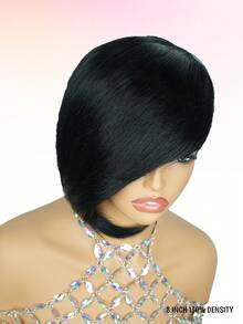8 Inch Pixie Cut Wig Human Hair Black Straight Short Pixie Cut Human Hair Wigs For Women 130% Density Side Part Machine Made Glueless Wig With Bang - Natural Black - View 6
