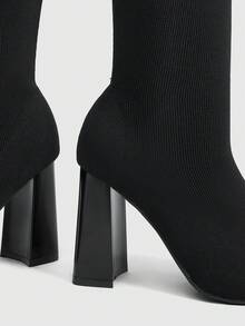 Daringsoles 女款尖頭粗跟彈性針織膝上靴 四季款 - 黑色 - 查看 5