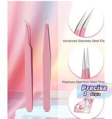 Curved And Straight-Tip Tweezers; Anti-Static Precision Bullet Note Tweezers; Nail Art Tweezers Specifically Designed For Setting Rhinestones; Rhinestone Picking Tool Set, Rhinestone Application Tools, Rhinestone Decoration Tools (Pink A) - Multicolor - View 1