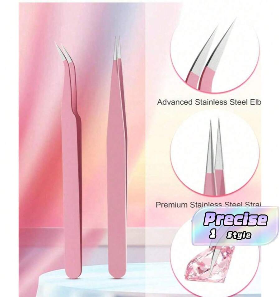 Curved And Straight-Tip Tweezers; Anti-Static Precision Bullet Note Tweezers; Nail Art Tweezers Specifically Designed For Setting Rhinestones; Rhinestone Picking Tool Set, Rhinestone Application Tools, Rhinestone Decoration Tools (Pink A) - Multicolor - View 1
