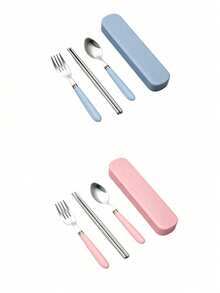 3 Piecesportable Tableware Set, Stainless Steel Tableware Set, Reusable Tableware, Suitable For Picnics, Camping, Family Travel, Work, Outdoor, Suitable For Kitchen, Restaurant, Students, Travel, Camping, Office, Holiday Gifts - Multicolor - View 10