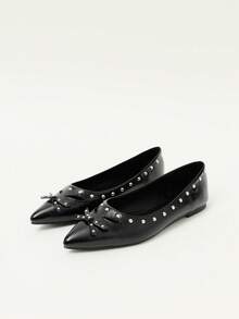 Nöista Flat Bottom Rivet Pointed Bow, French Retro Low Vamp Comfortable Flat Bottom Versatile Strap Mary Jane Shoes - Black - View 1
