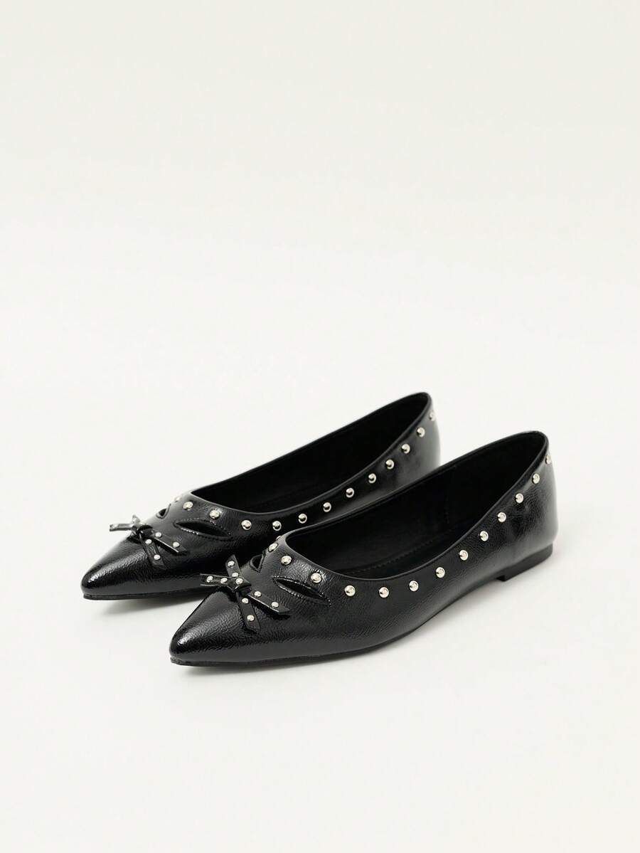 Nöista Flat Bottom Rivet Pointed Bow, French Retro Low Vamp Comfortable Flat Bottom Versatile Strap Mary Jane Shoes - Black - View 1