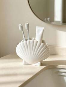 1pc Seashell Shape Toothbrush Holder, Creative Countertop Bathroom Storage Organizer, Toothpaste & Toothbrush Desktop Rack, Home Bathroom Accessory - White - View 6