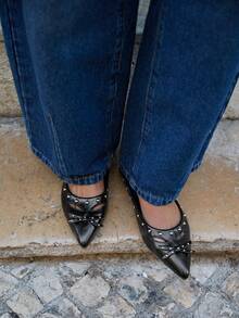 Nöista Flat Bottom Rivet Pointed Bow, French Retro Low Vamp Comfortable Flat Bottom Versatile Strap Mary Jane Shoes - Black - View 3