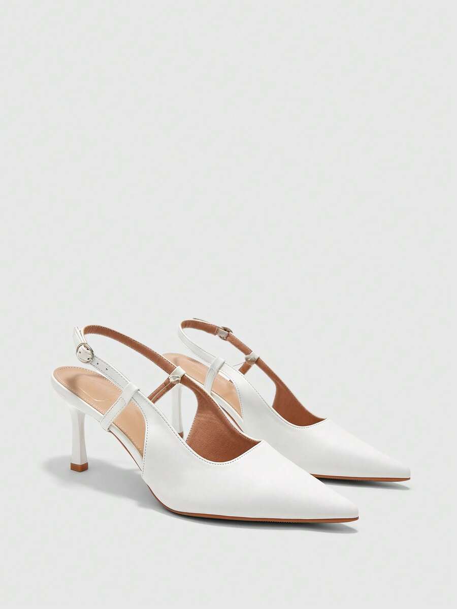 CUCCOO BIZCHIC Ladies' Pointed Wine Glass With Adjustable Buckle Strap At The Back, Korean Style Gentle And Versatile High-Heeled Shoes - White - View 1