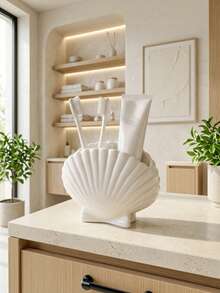 1pc Seashell Shape Toothbrush Holder, Creative Countertop Bathroom Storage Organizer, Toothpaste & Toothbrush Desktop Rack, Home Bathroom Accessory - White - View 7