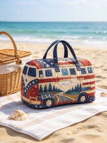 1pc Large Capacity Soft Quilted Fabric Durable Lightweight Retro Bus Pattern Print Duffle Bag Portable Handheld Travel Overnight Weekender Bag For Outdoor Camping Road Trip Vacation Daily Travel Accessories. - Multicolor - View 4