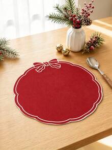 4/8Pcs Red Christmas Linen Placemats, Round Table Mats 38cm Diameter With Red Bow Design, Xmas Happy Table Decor, Holiday Party Desktop Ornament, Home Kitchen Christmas Decoration - Christmas A - View 11