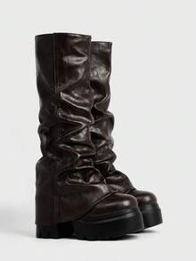 Sugerpunk Women's Thick Sole Pleated Tall Boots, Fashionable And Versatile For Daily Wear Valentine's Day 2000s Style - dark brown - View 1