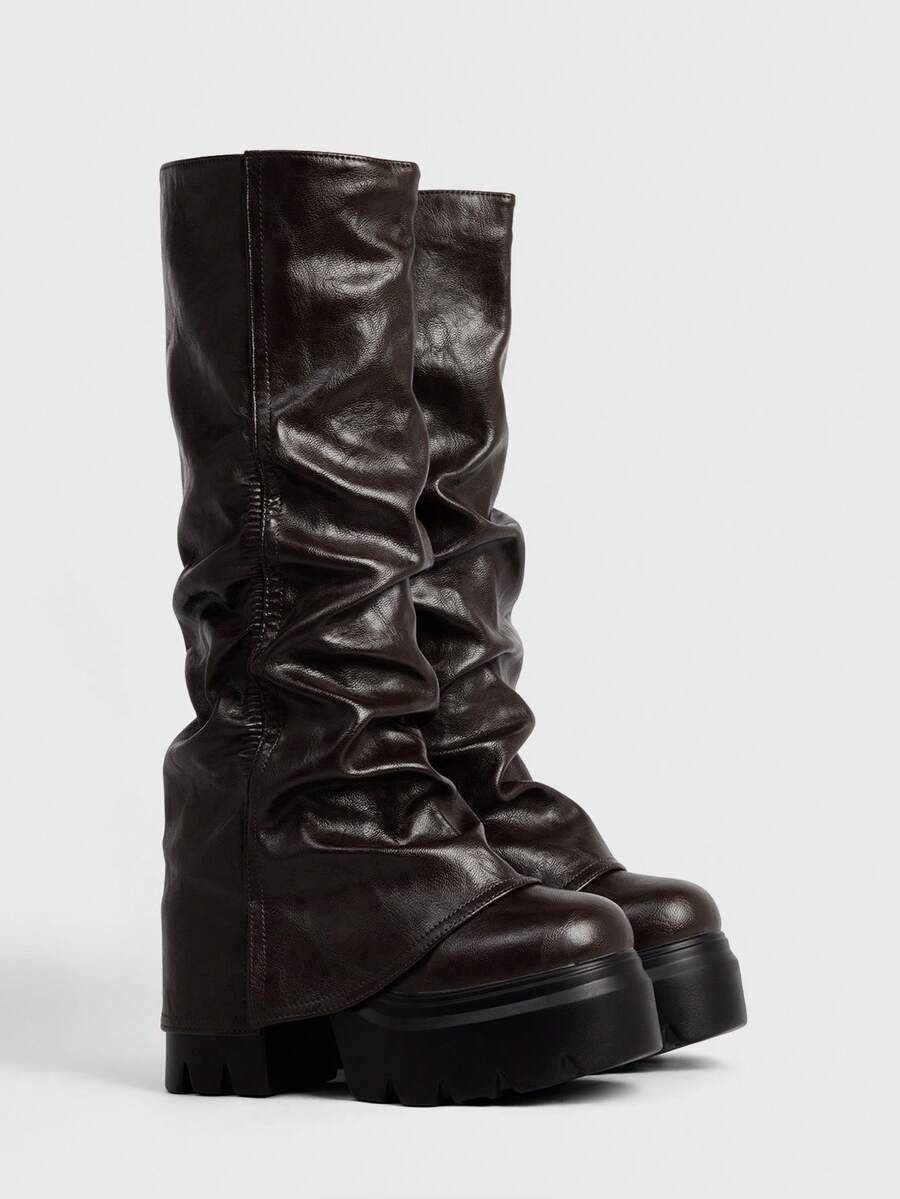 Sugerpunk Women's Thick Sole Pleated Tall Boots, Fashionable And Versatile For Daily Wear Valentine's Day 2000s Style - dark brown - View 1